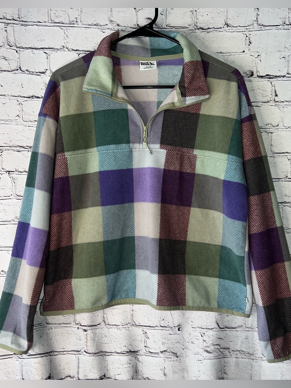 Eddie Bauer 1/4 Zip Fleece Cropped Pullover Green Buffalo Check Size Medium